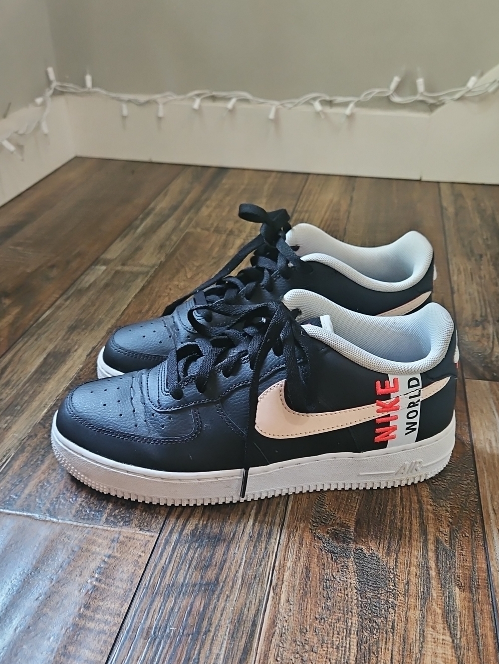Nike Air Black Leather Sneakers with Peachy Pink Swoosh & World Worlwide Emblem
